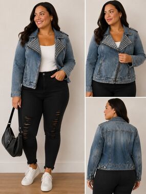 Studded Blue Denim Moto Jacket PTP 19